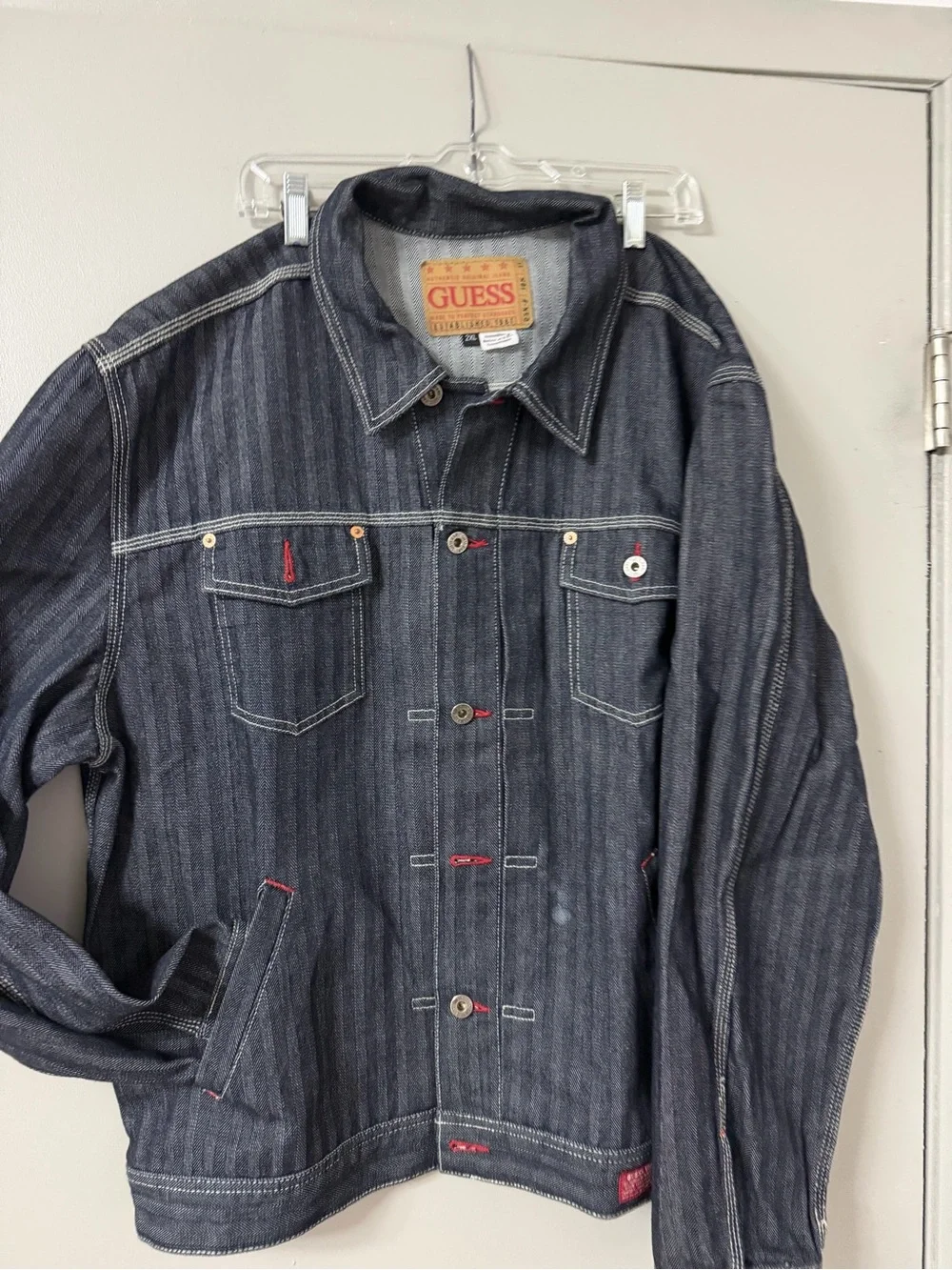 GUESS Men’s Dark Wash Denim Jacket 2XL Button Front Trucker Jean Coat